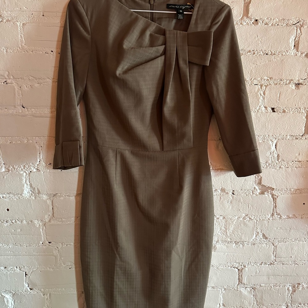 Taupe Olive Green Long Sleeve Sheath Dress with Bow Detail office siren classic